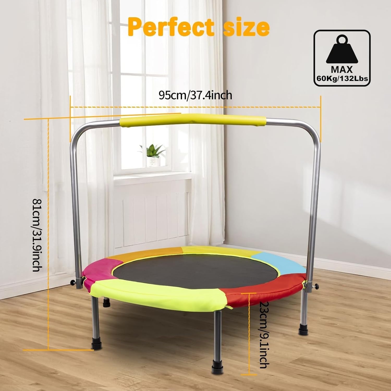 37 Inch Foldable Kids Trampoline Indoor Outdoor Toddler Bounce Handle