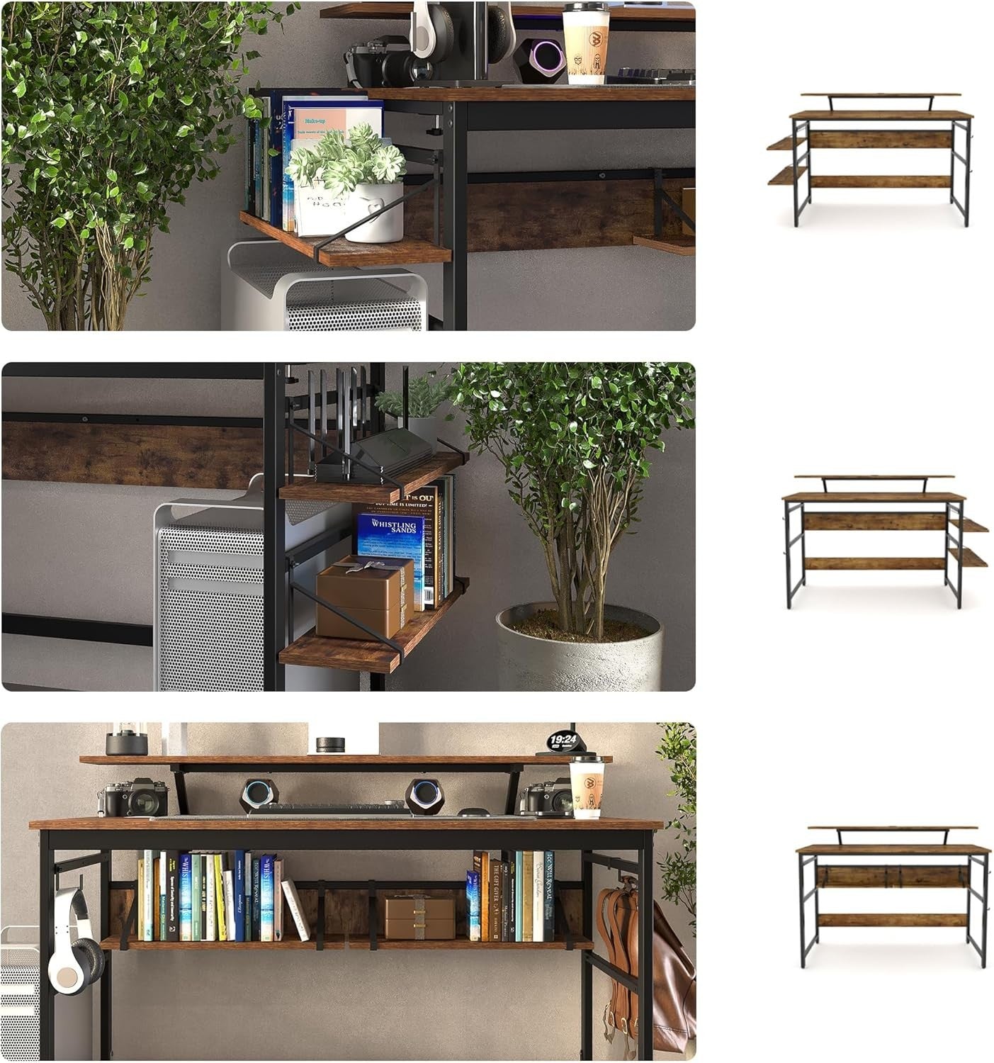 Rustic Brown Computer Desk 120cm with Monitor Stand & Adjustable Shelves