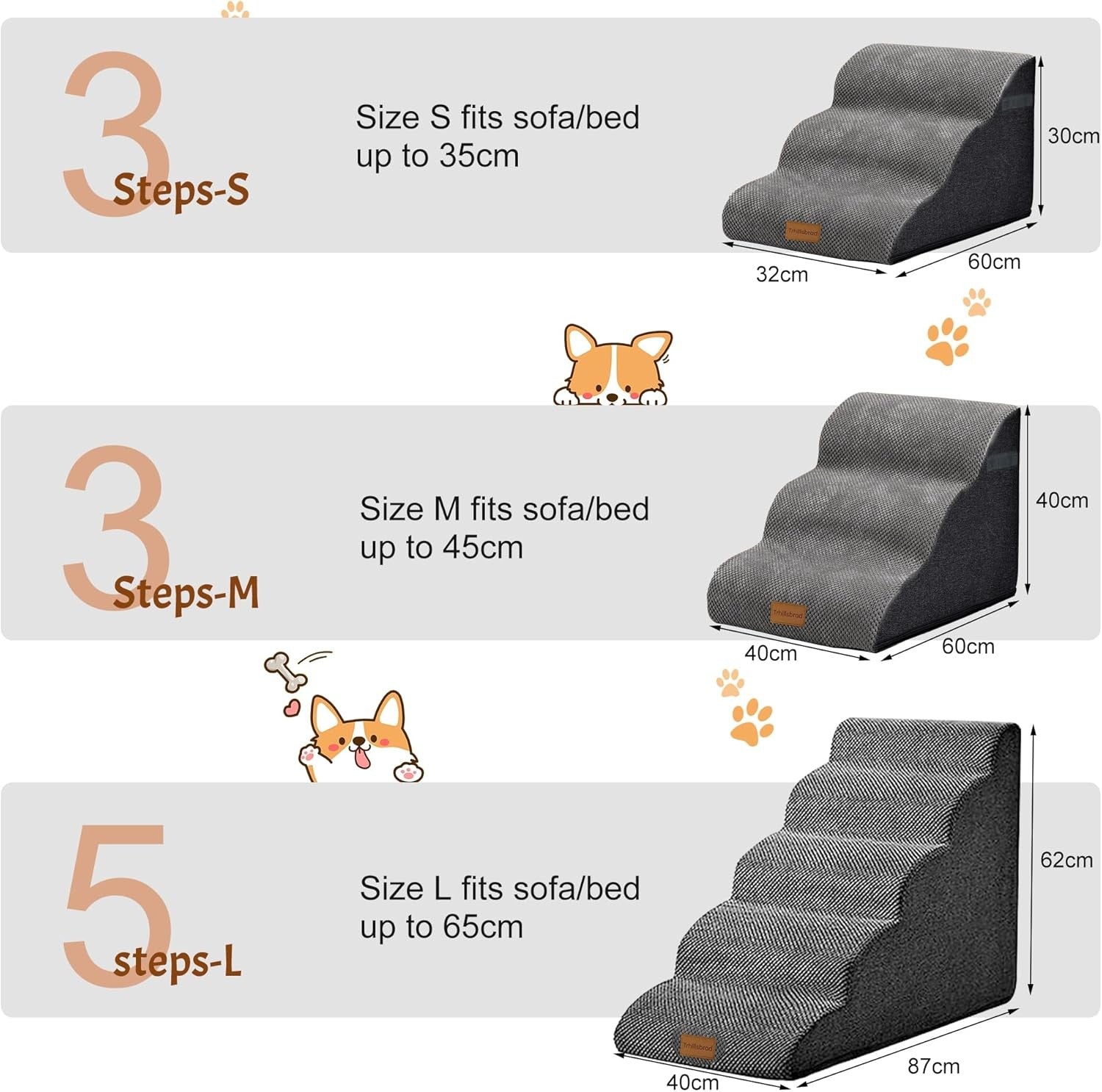 Wide Dog Stairs 5 Step Foam Pet Ramp 87x40x62cm Non Slip