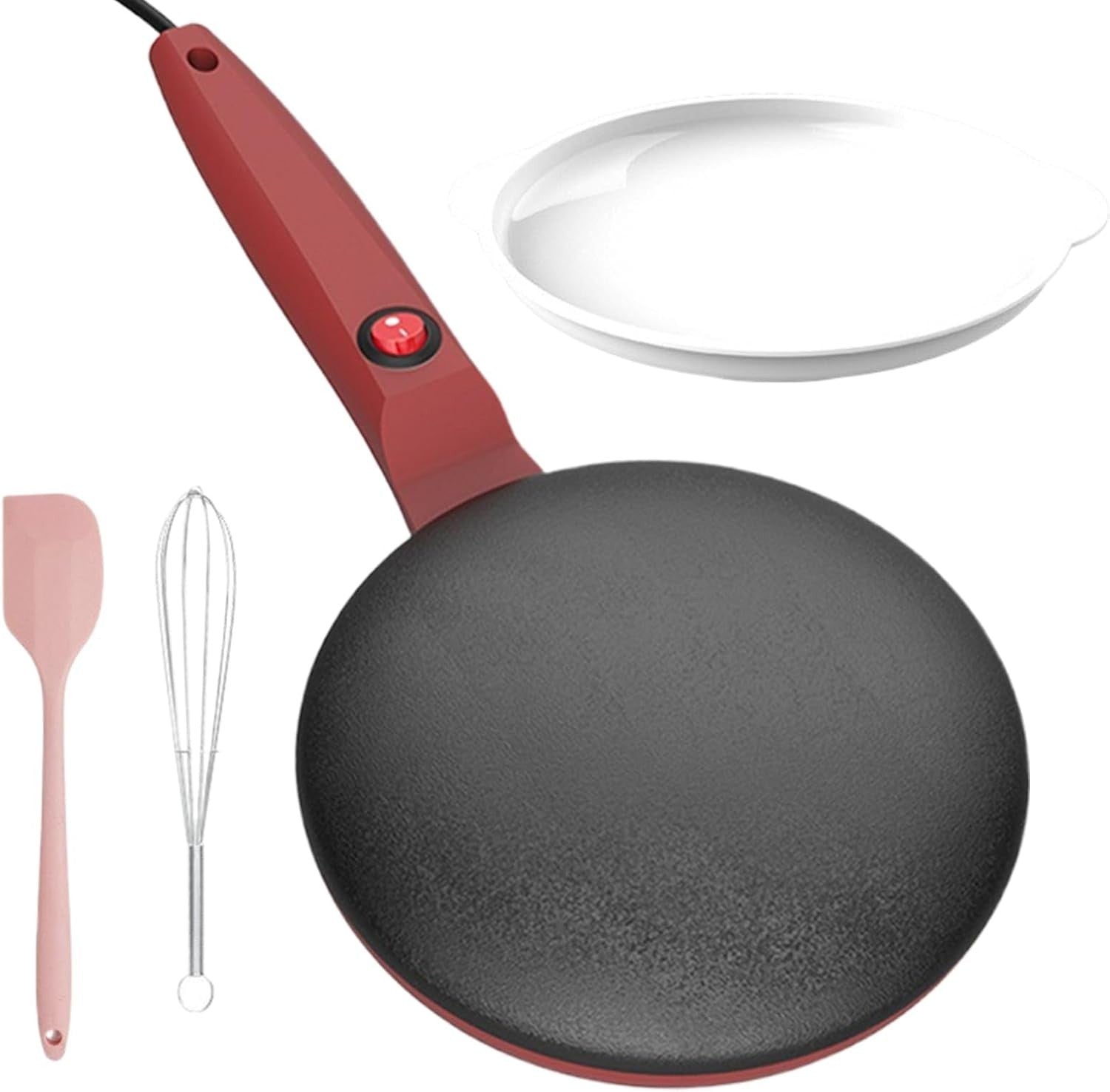 8" Electric Crepe Maker Non-Stick Pancake Pan Long Handle Auto Temp Control Red