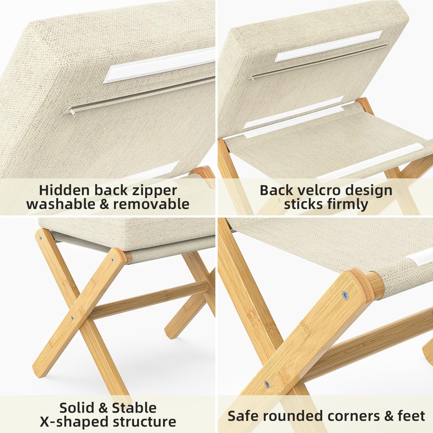 Natural Bamboo Foldable Footstool Ottoman with Beige Chenille Cushion