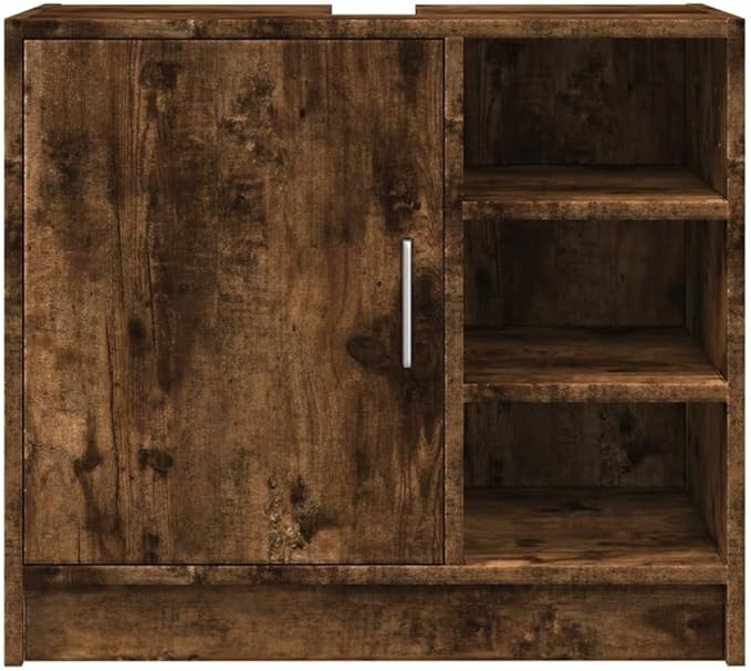 Smoked Oak Bathroom Sink Cabinet 63cm Modern Storage Unit with Open Shelves