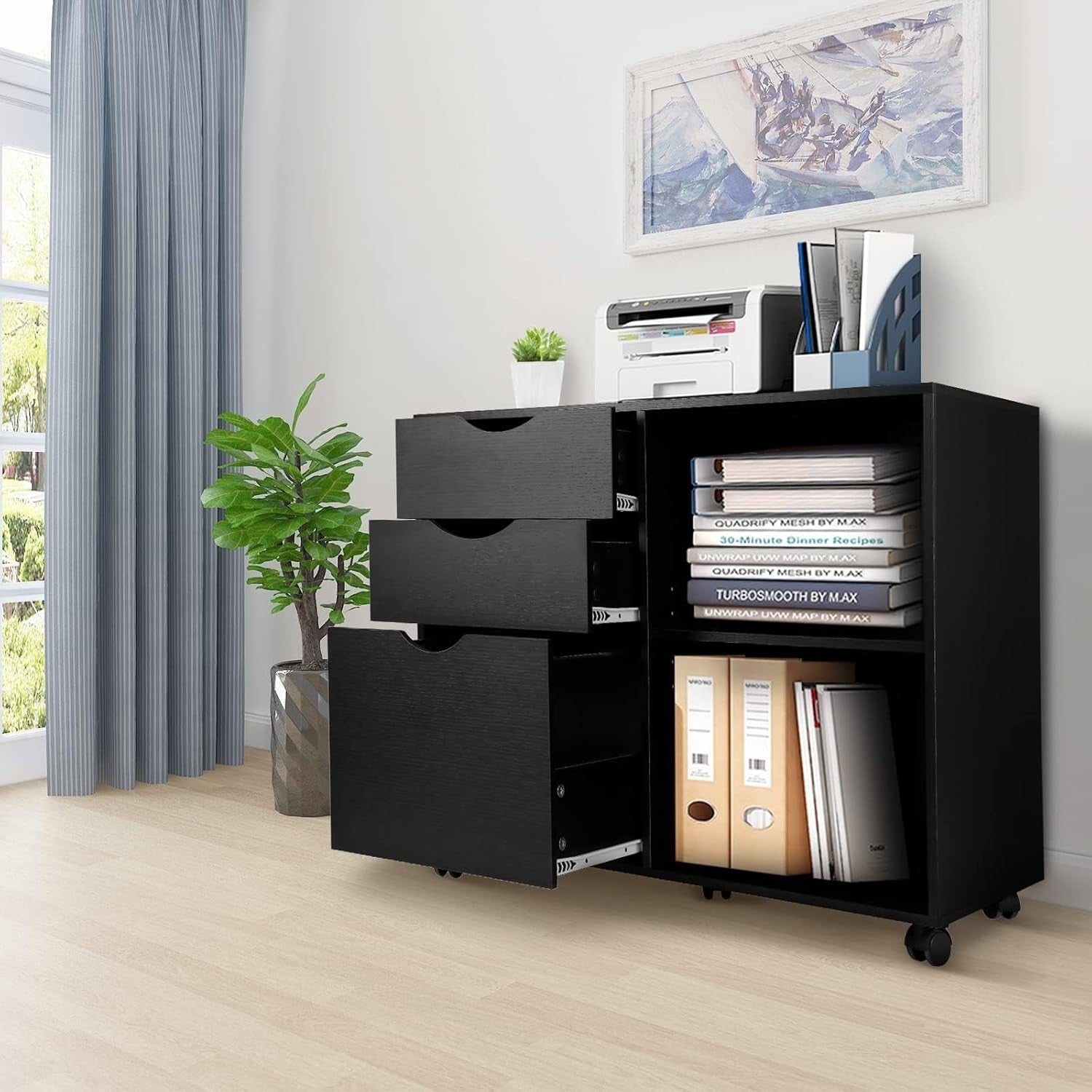 Black Rolling Lateral File Cabinet 3 Drawer Open Shelf Printer Stand