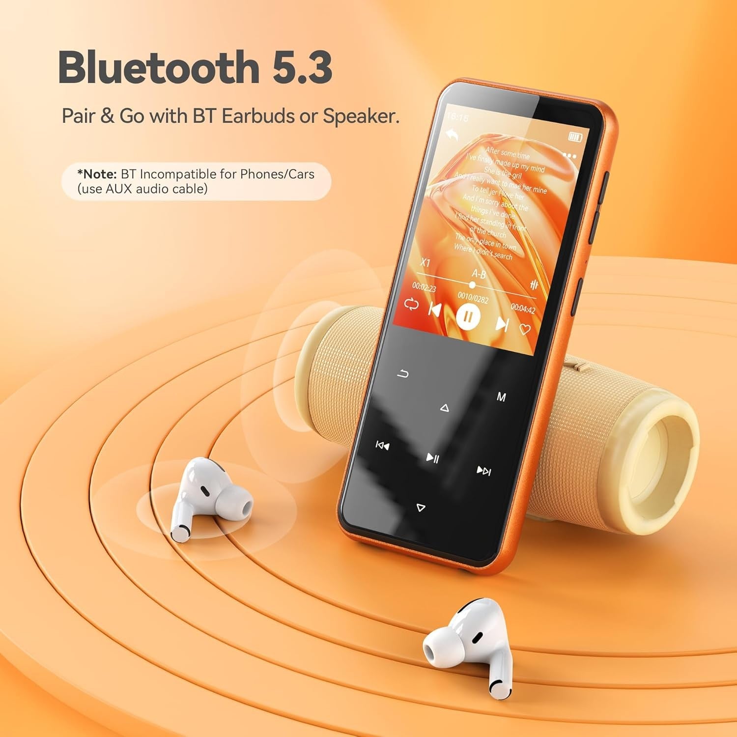 64GB Bluetooth 5.3 MP3 Player 2.4" Screen FM Radio Speaker Orange