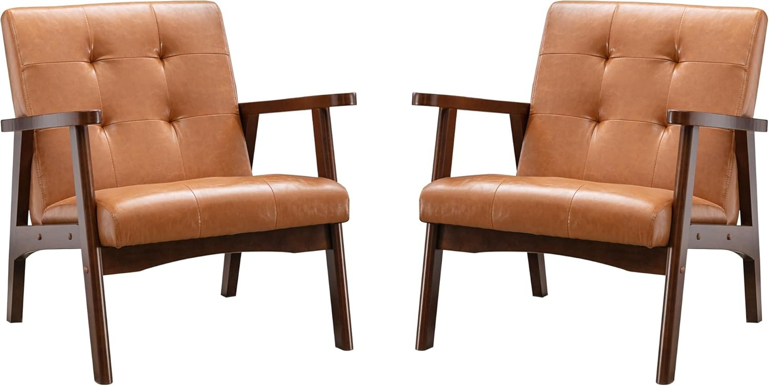 Modern Lounge Armchair Set of 2 – Orange Upholstered Solid Wood Accent Chairs