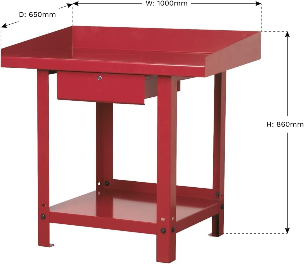 Steel Workbench 1m with Lockable Drawer 600kg Capacity Heavy Duty Red