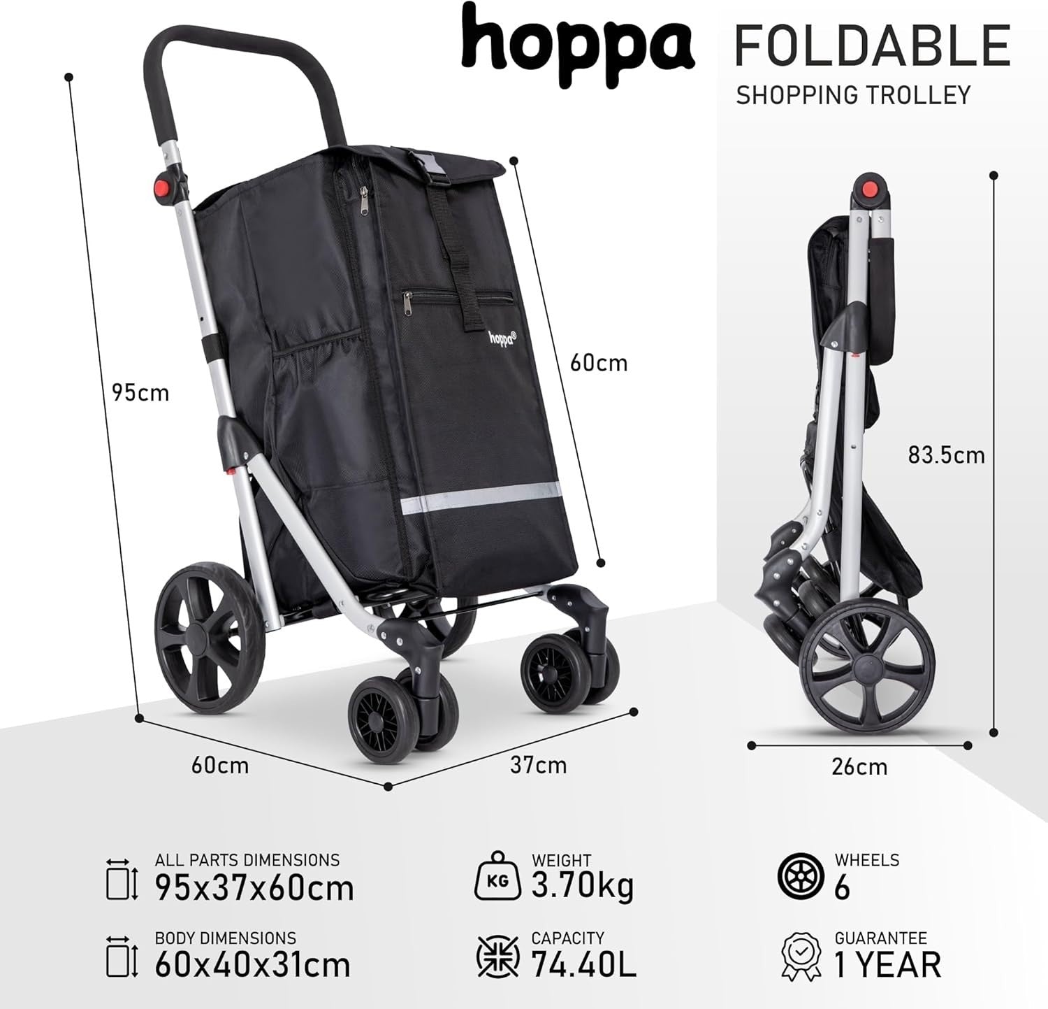 74L Foldable Shopping Trolley 6 Wheels Lightweight Grocery Cart Storage