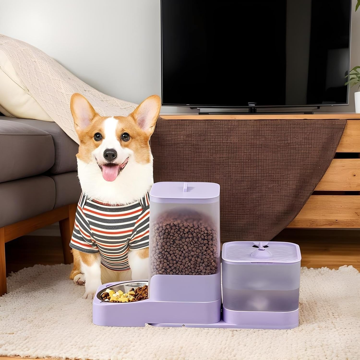 2 in 1 Automatic Cat Feeder Water Fountain 3L Food 2L Tank USB Purple