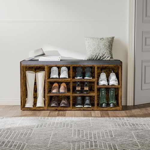 Rustic Shoe Storage Bench with Cushion Seat 9 Cubes Adjustable Shelves Entryway