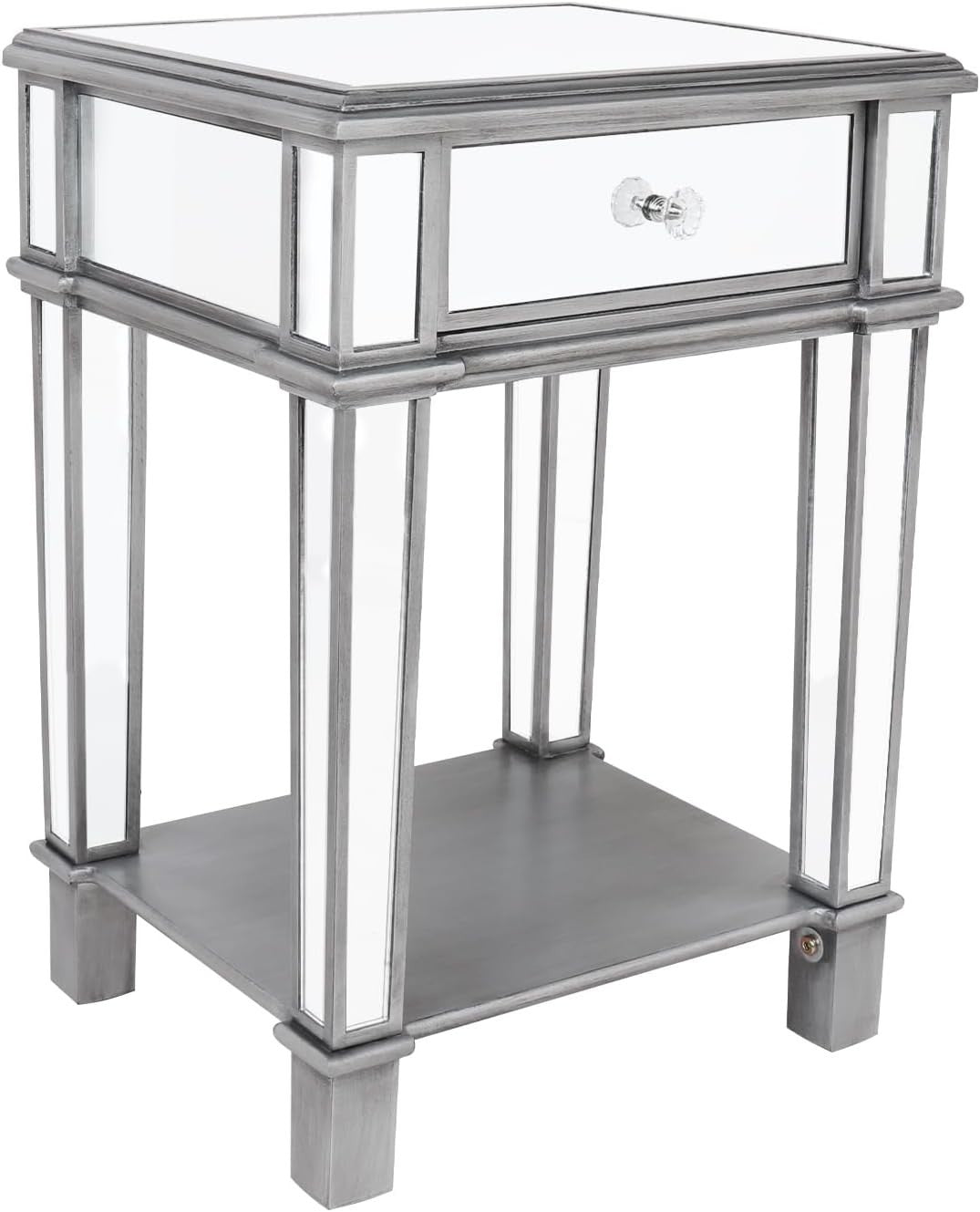 Silver Mirrored Bedside Table with Drawer & Shelf – Luxury Glass Nightstand