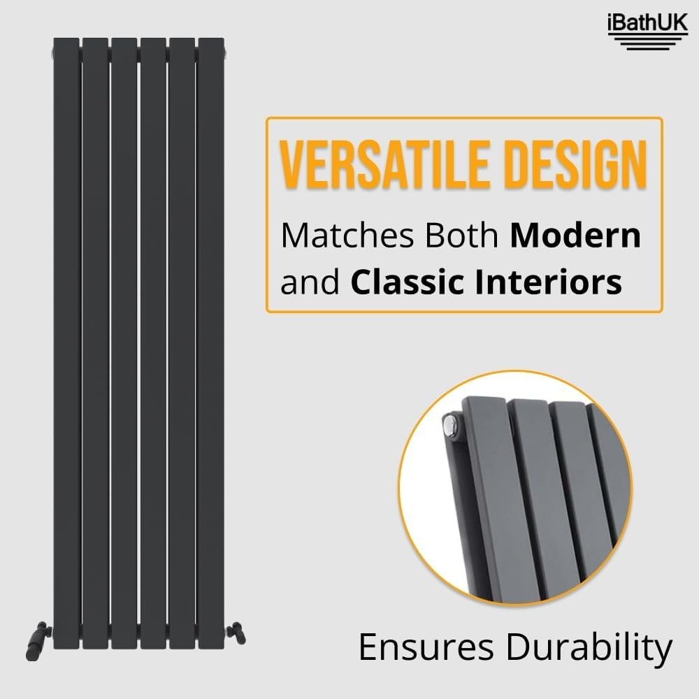 Slim Vertical Anthracite Radiator | Double Panel | 1600x456mm | Bathroom/Kitchen