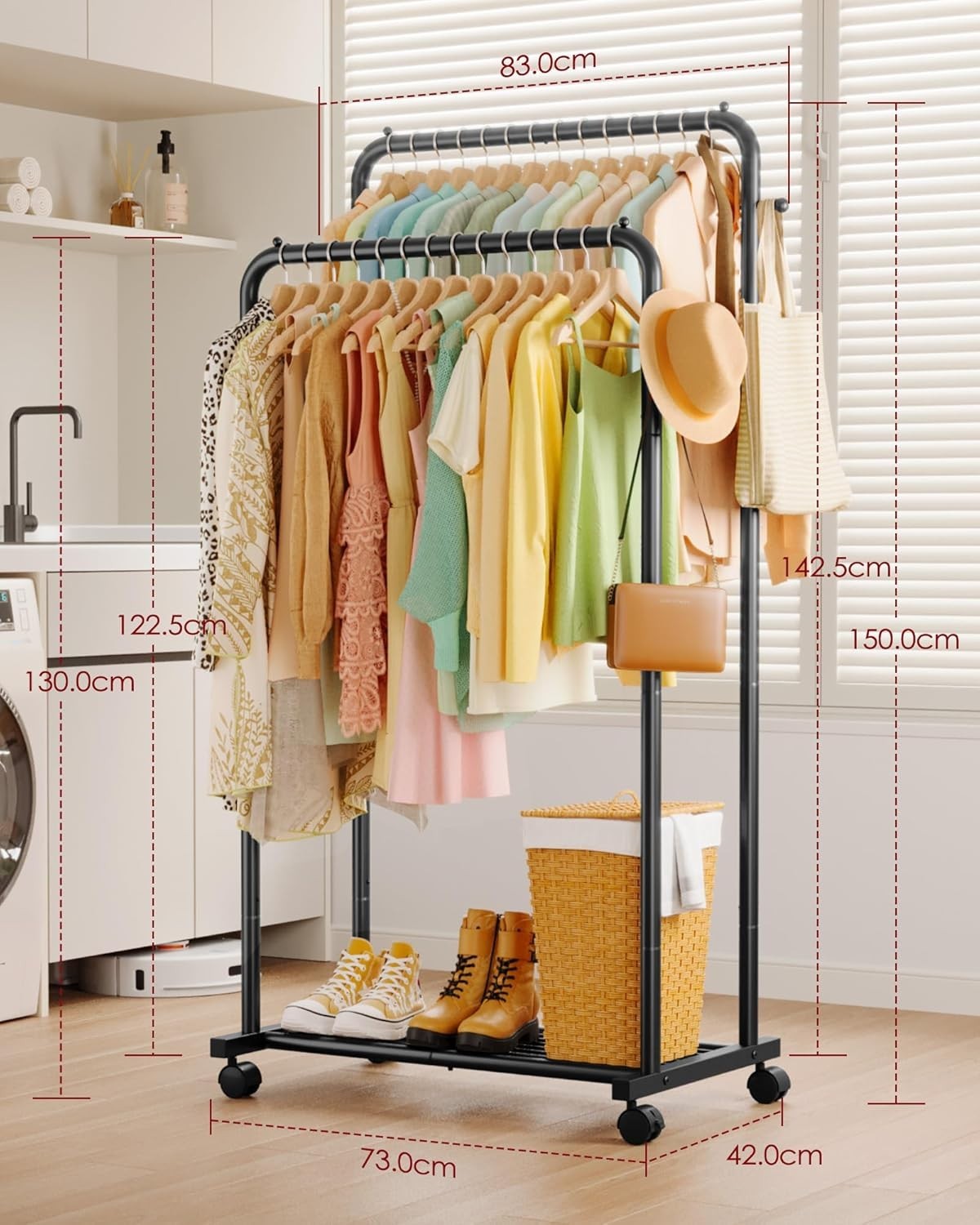 Double Rod Clothes Rail with Shelf & Hooks – Black 150cm
