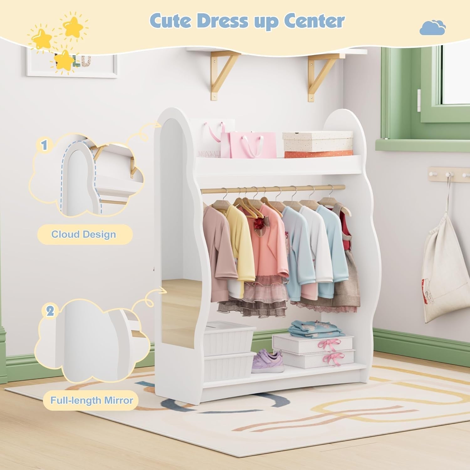 Kids Wardrobe with Mirror & Hanging Rail, No Drawers, White Cloud Design