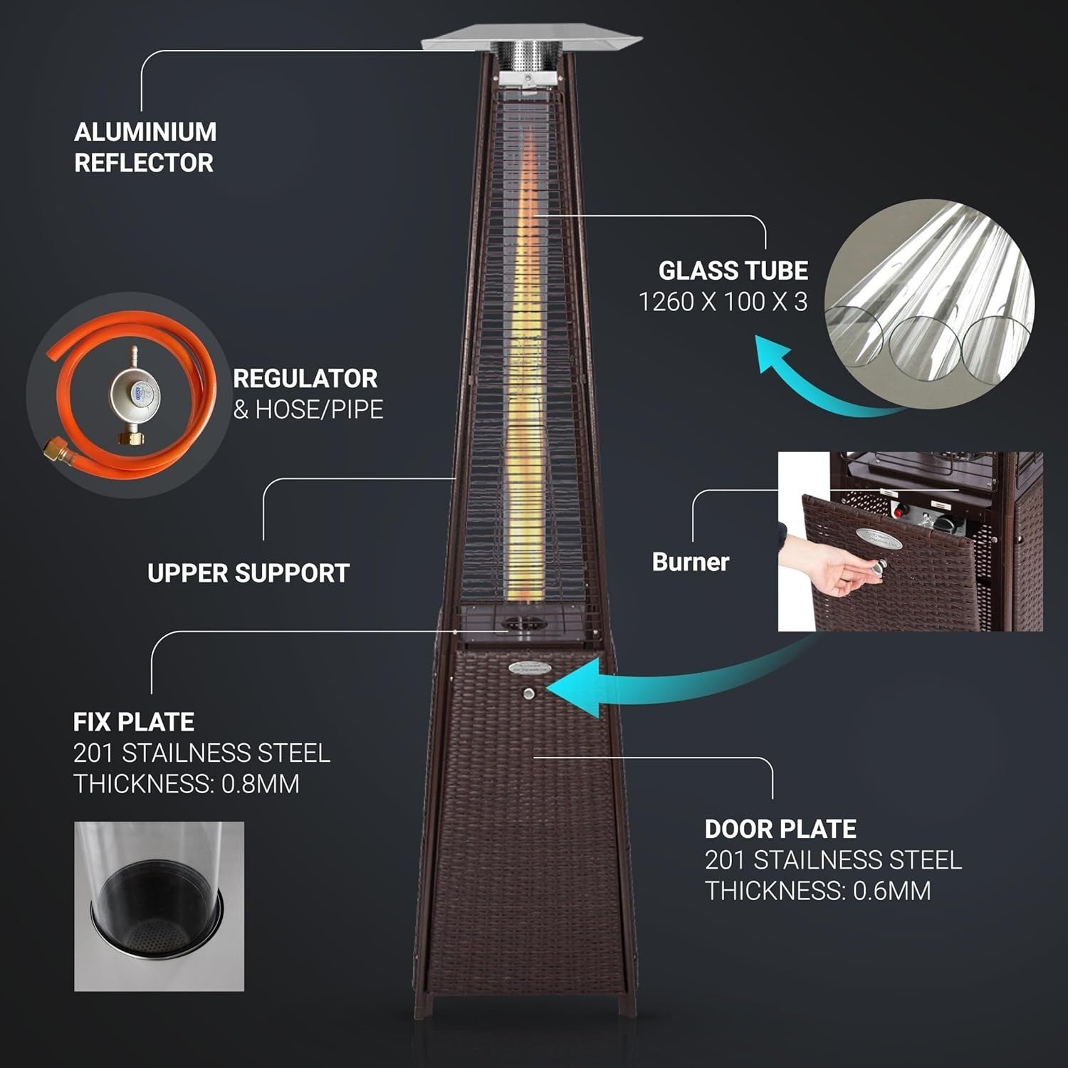 Outdoor Gas Patio Heater Pyramid 13kW Rattan Design Waterproof Cover