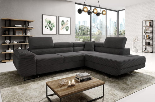 Large Graphite Corner Sofa Bed w/ Storage, Adjustable Headrests, 277cm