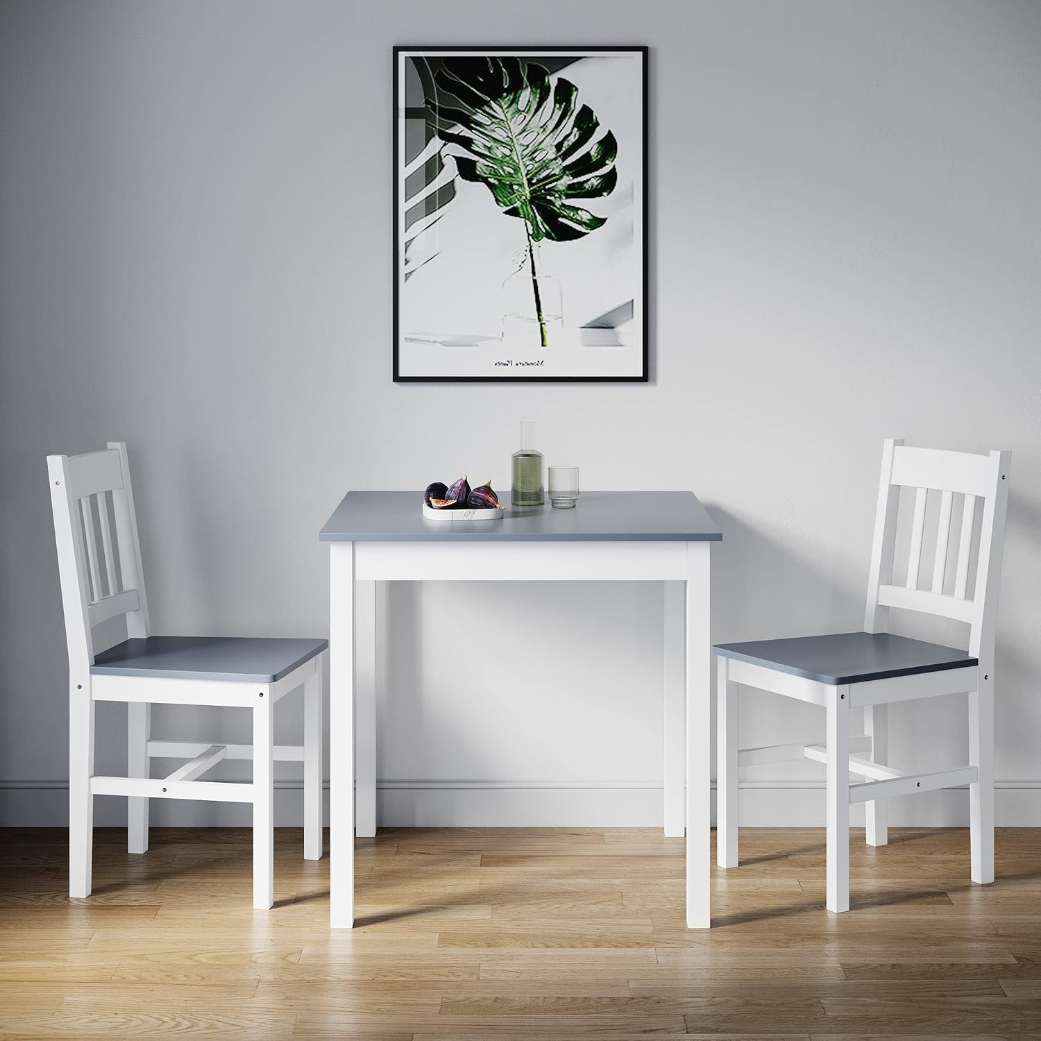 Compact Solid Wood Square Dining Table & 2 Chairs Set - Grey Kitchen Set