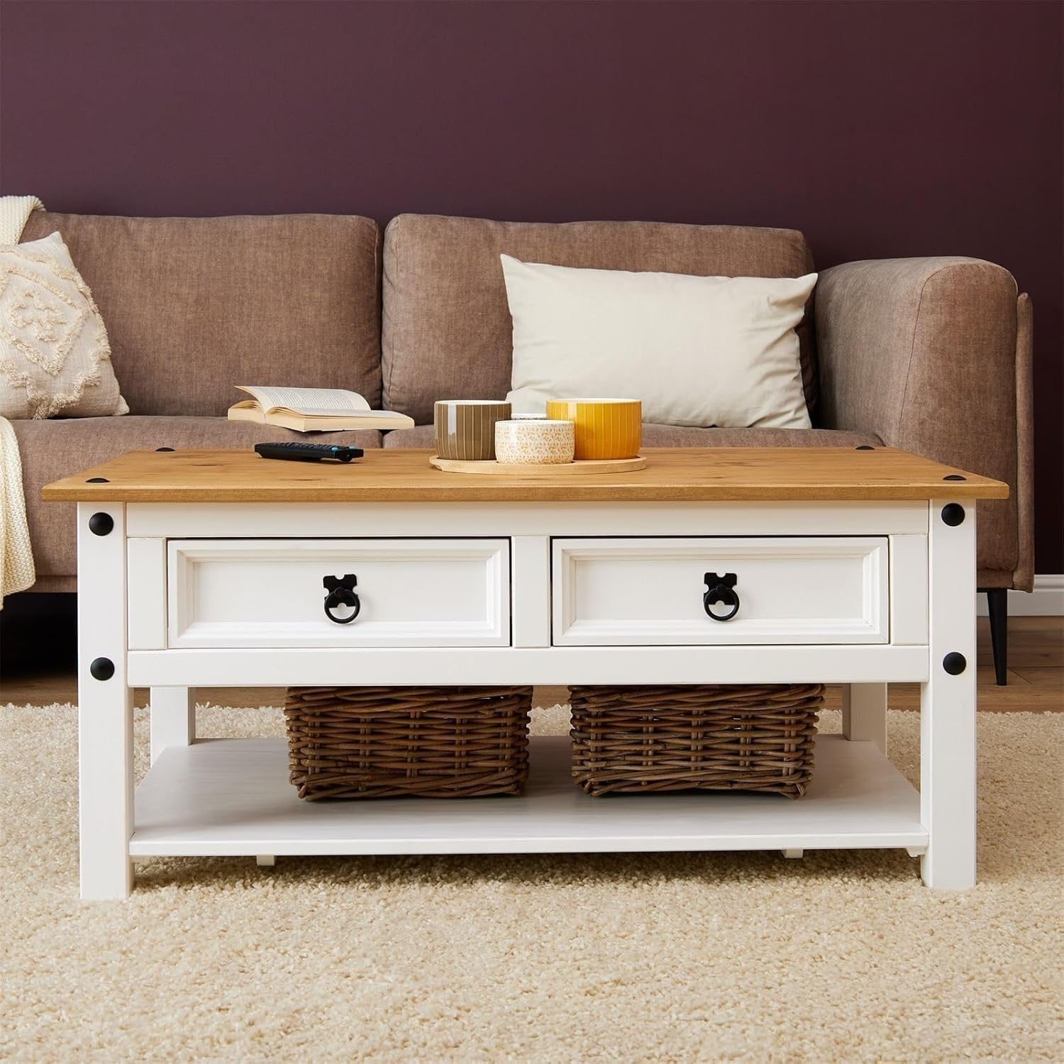 Solid Pine White Coffee Table with 2 Drawers Mexican Style 85x50x45cm