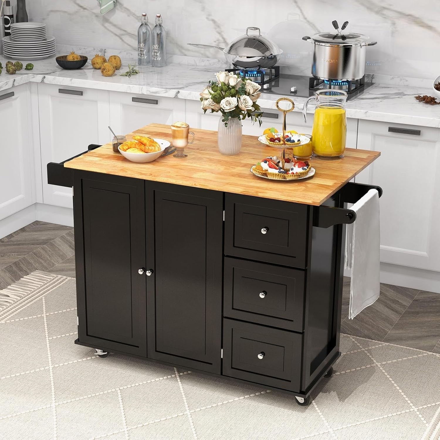 Rolling Kitchen Island Cart with Extendable Tabletop & Adjustable Storage