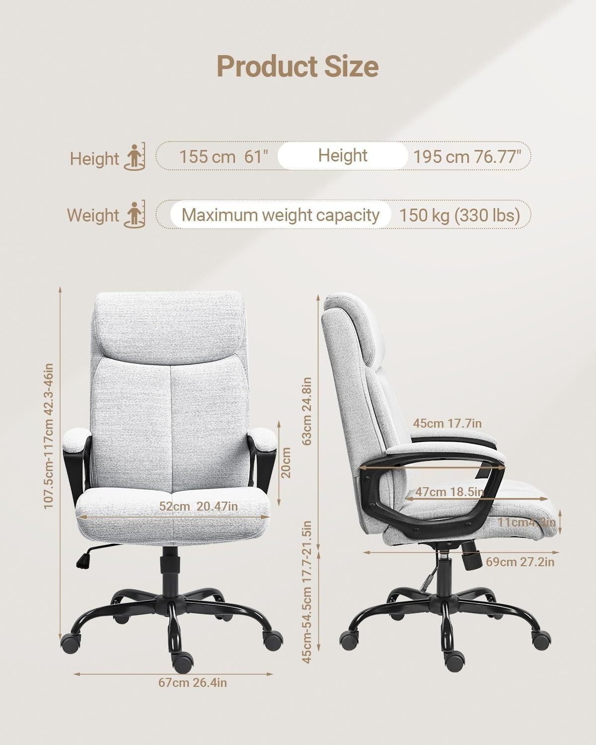 Ergonomic Grey Office Chair Adjustable Lumbar Support Cushion Back Fixed Armrest