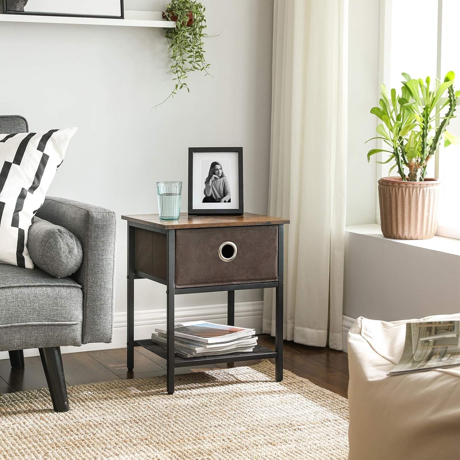 Set of 2 Rustic Bedside Tables with Drawer & Mesh Shelf, Industrial Nightstands