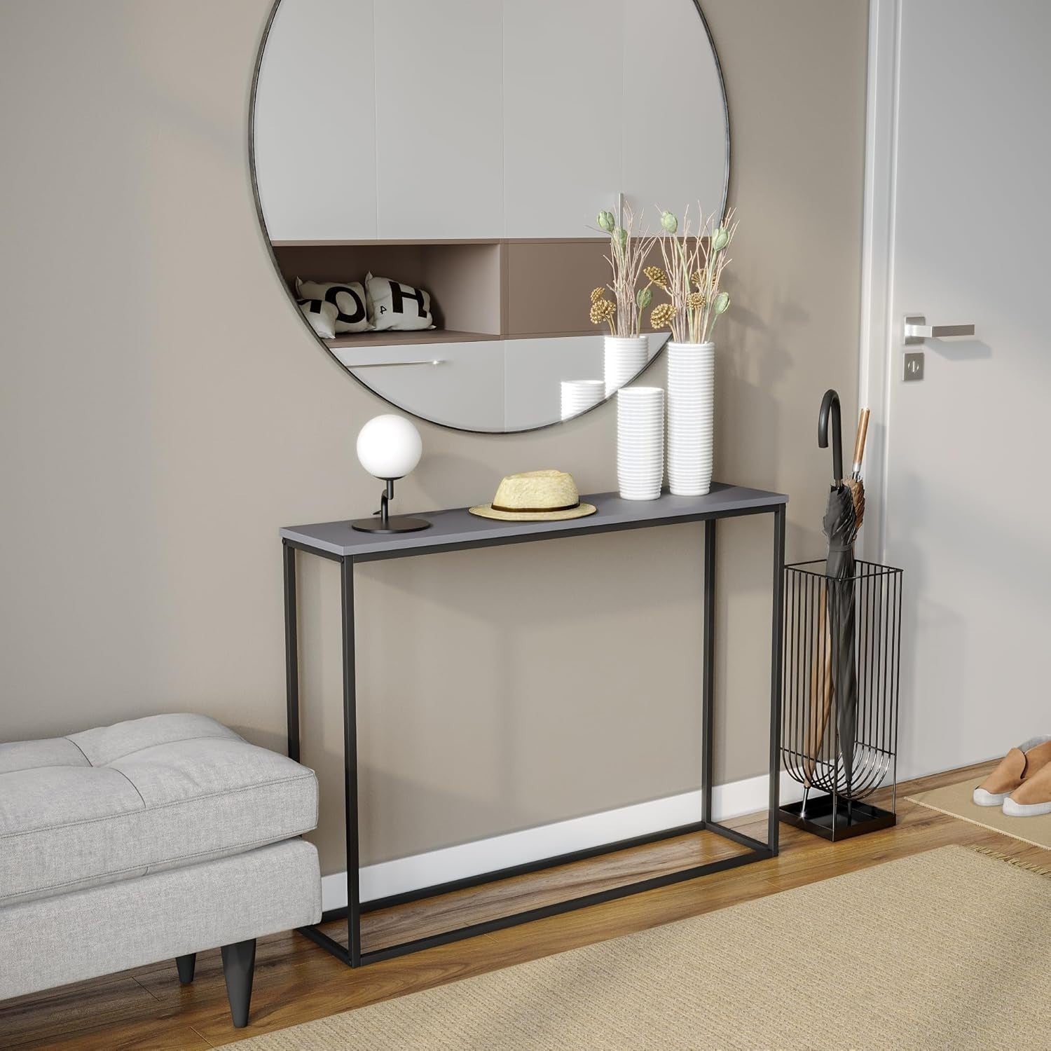 Modern Grey Wooden Console Table with Metal Legs - Slim Hallway Table 24x100x75c