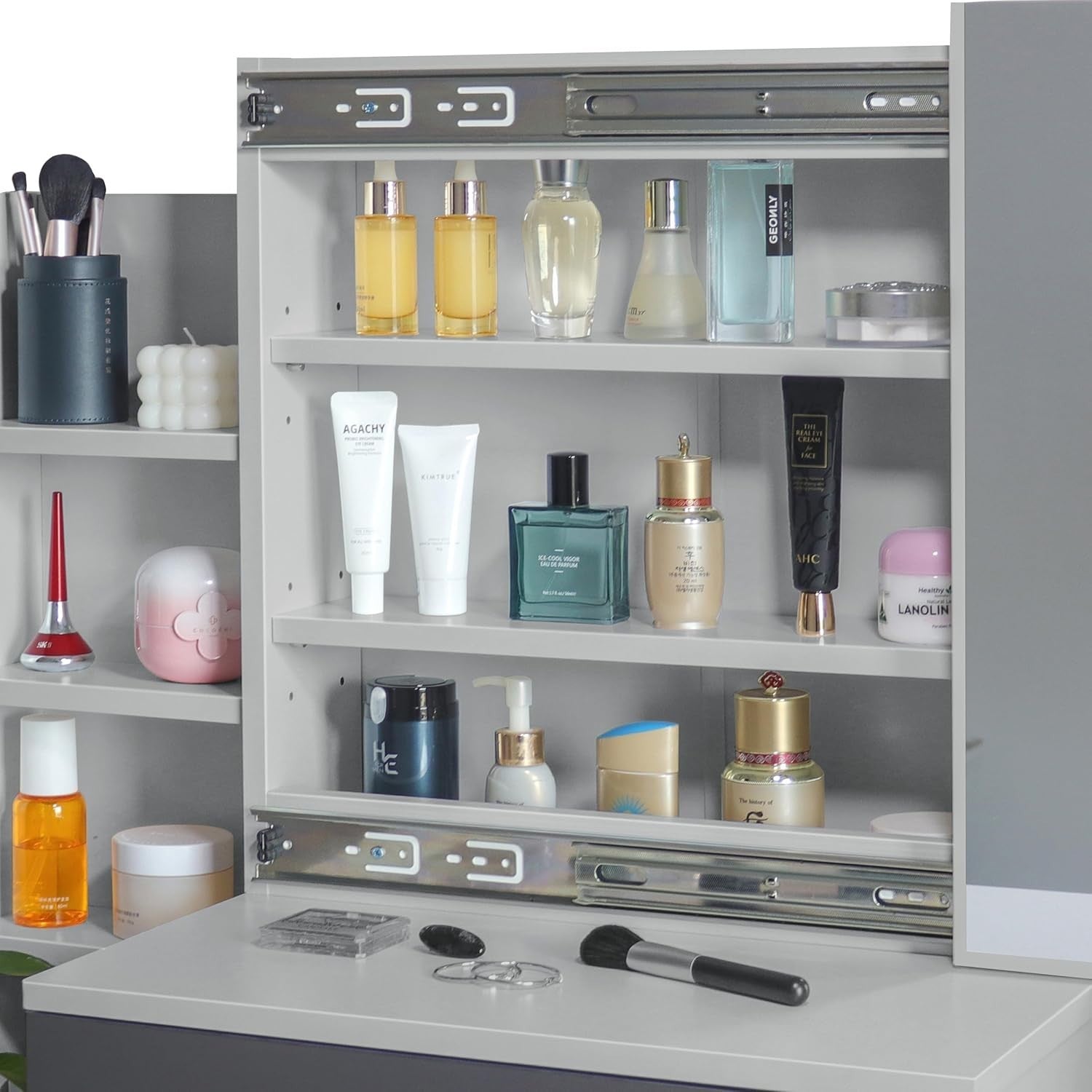 Modern Vanity Table with Sliding Mirror Storage 4 Drawers Dresser Dark Grey