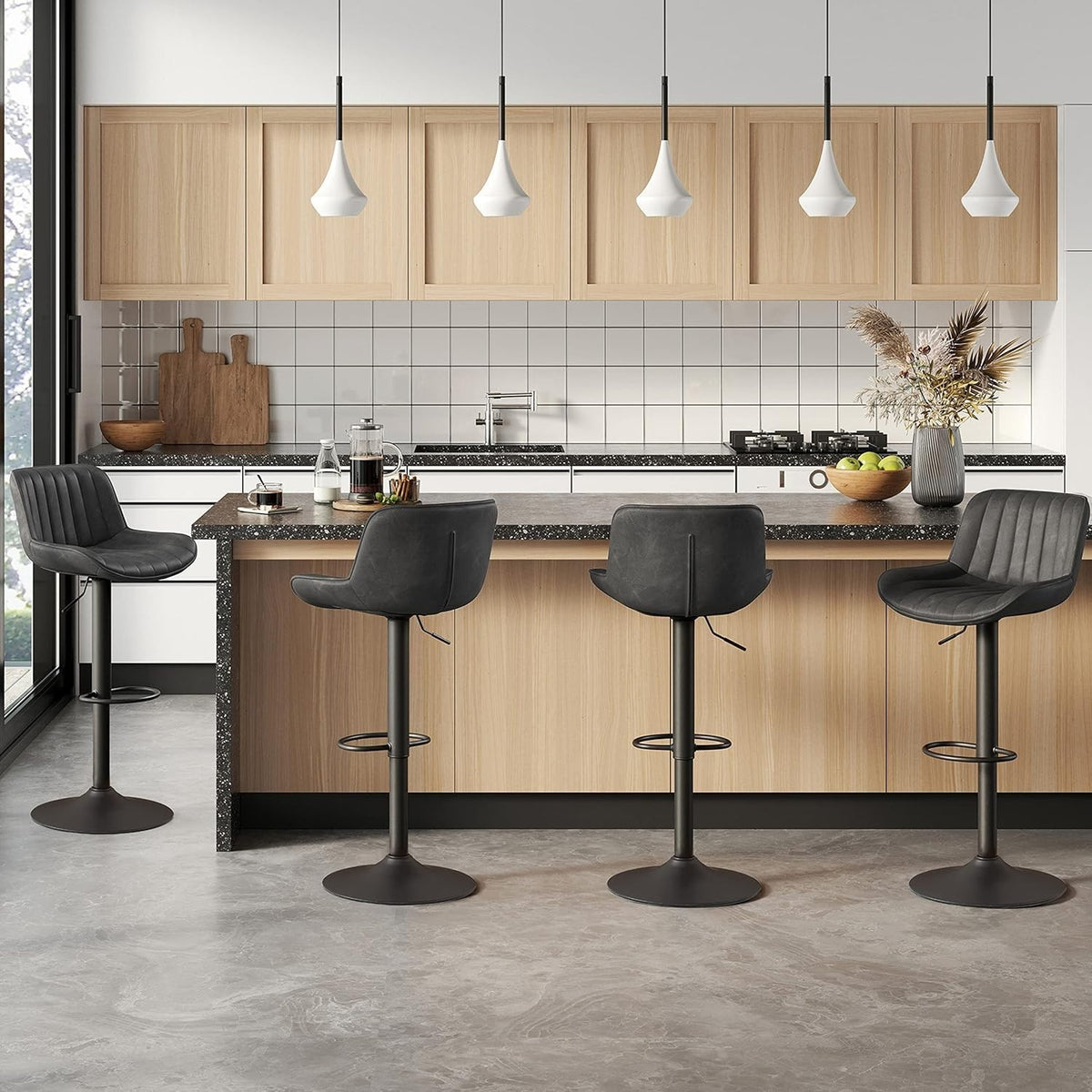 Adjustable Bar Stools 4pcs PU Leather Swivel Chairs Height Kitchen Counter