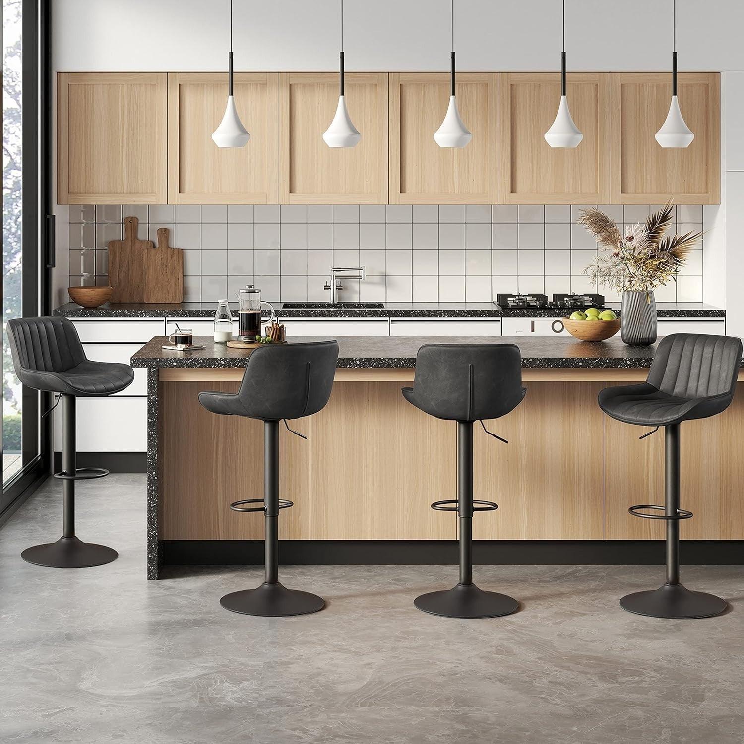 Adjustable Bar Stools 4pcs PU Leather Swivel Chairs Height Kitchen Counter