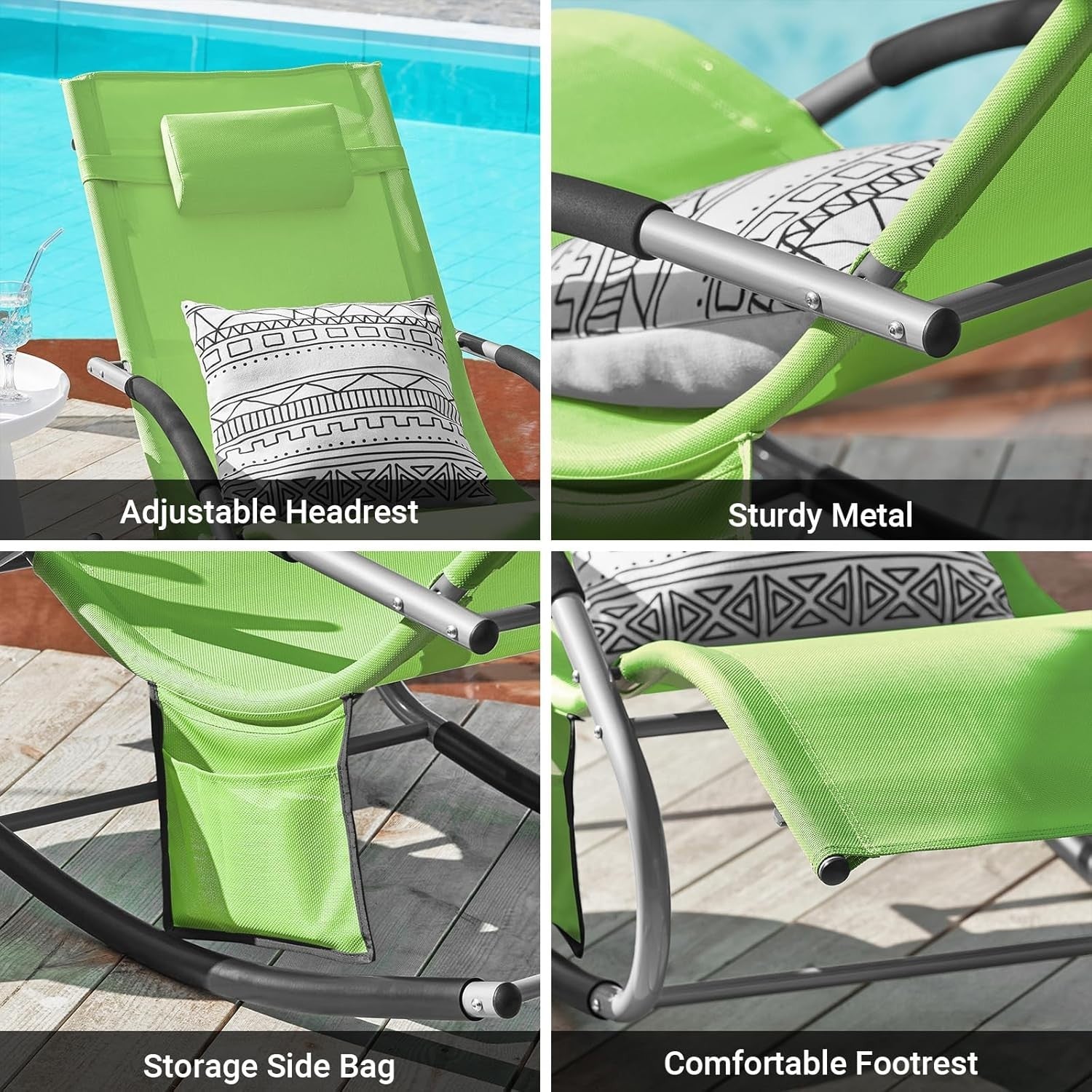 Ergonomic Outdoor Rocking Sun Lounger Chair with Cushion & Side Pocket Green