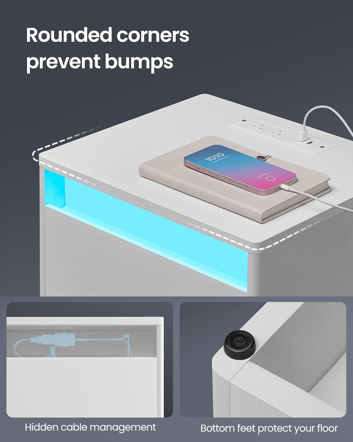 LED Bedside Table with Charging Station, Drawer & Adjustable Light Modes