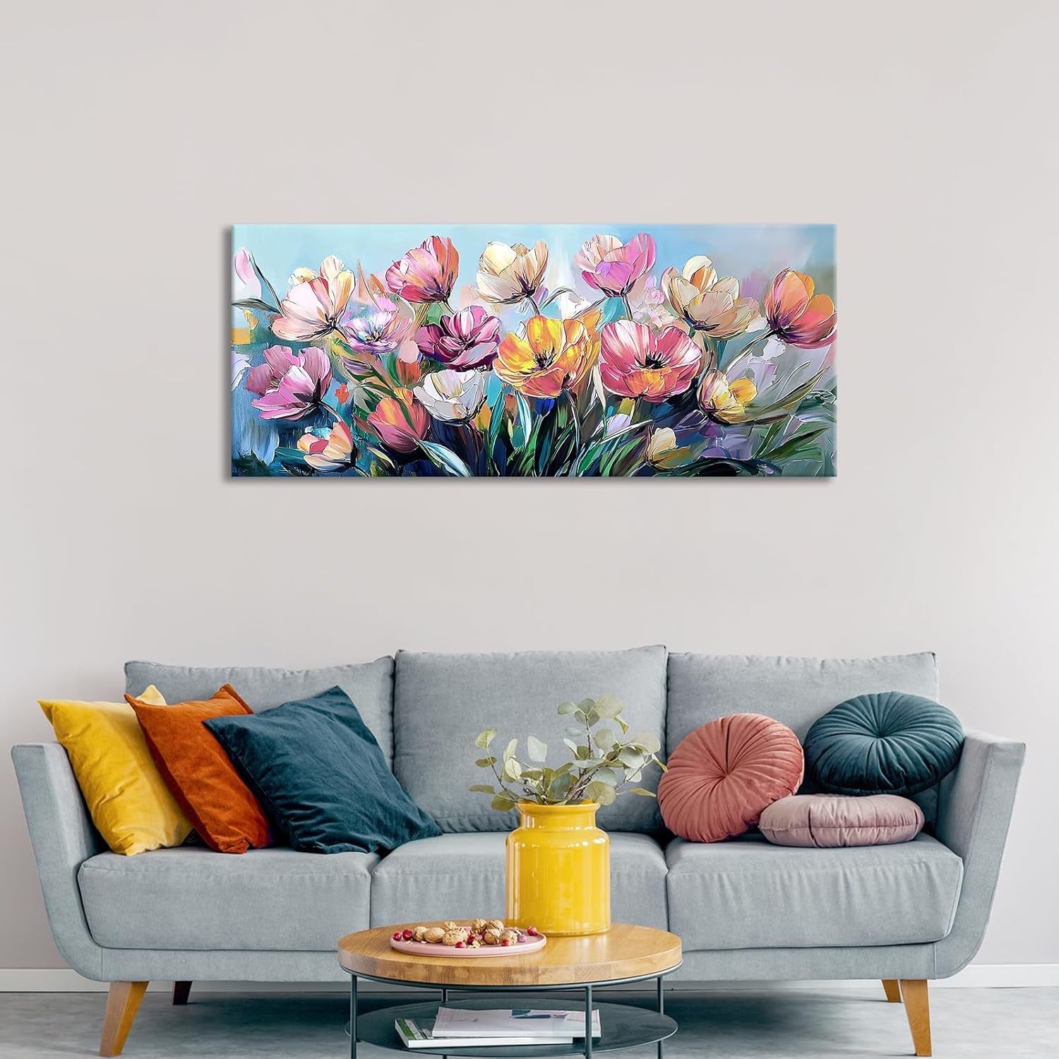 Large Floral Canvas Wall Art Colourful Lilies 120x50cm