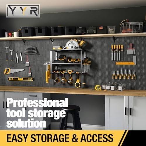 Heavy-Duty Wall Tool Rack 41.9x21x33cm 4-Slot Drill & Battery Organizer