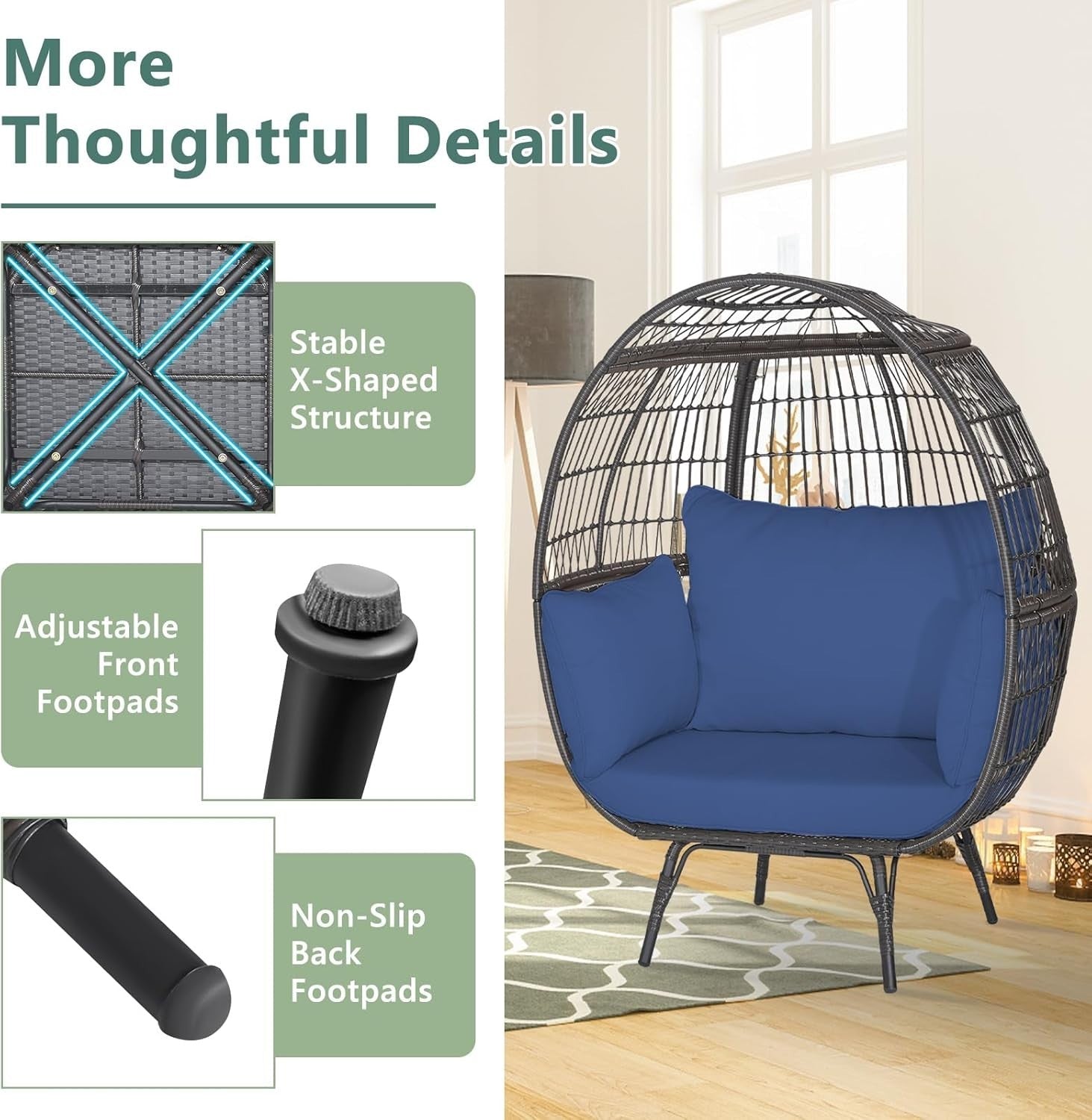 Navy Two Seater Rattan Egg Chair Oversized Cushioned Freestanding Lounger