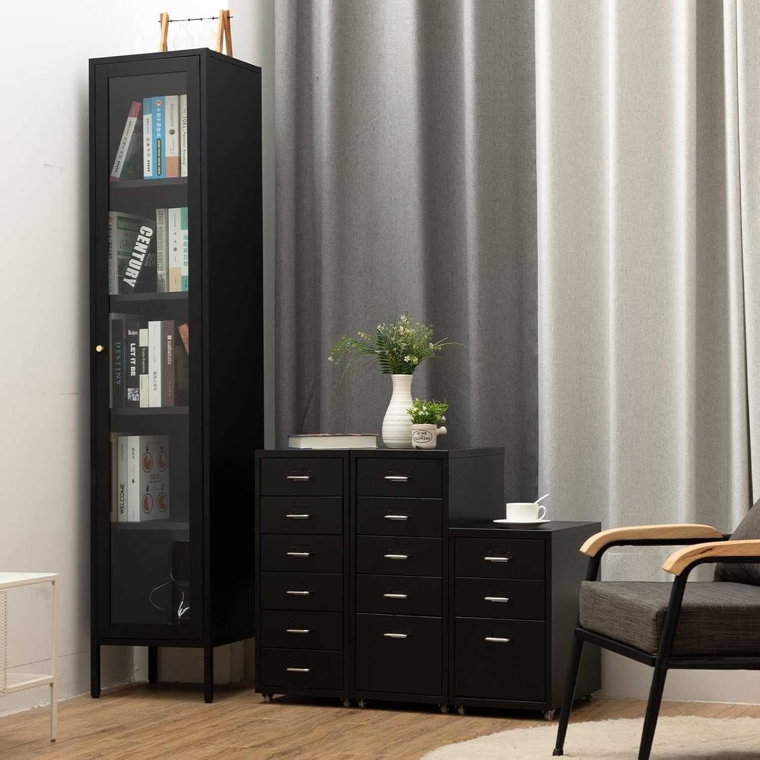 Black Steel Rolling Storage Tower 5 Drawer Mobile Organizer Unit
