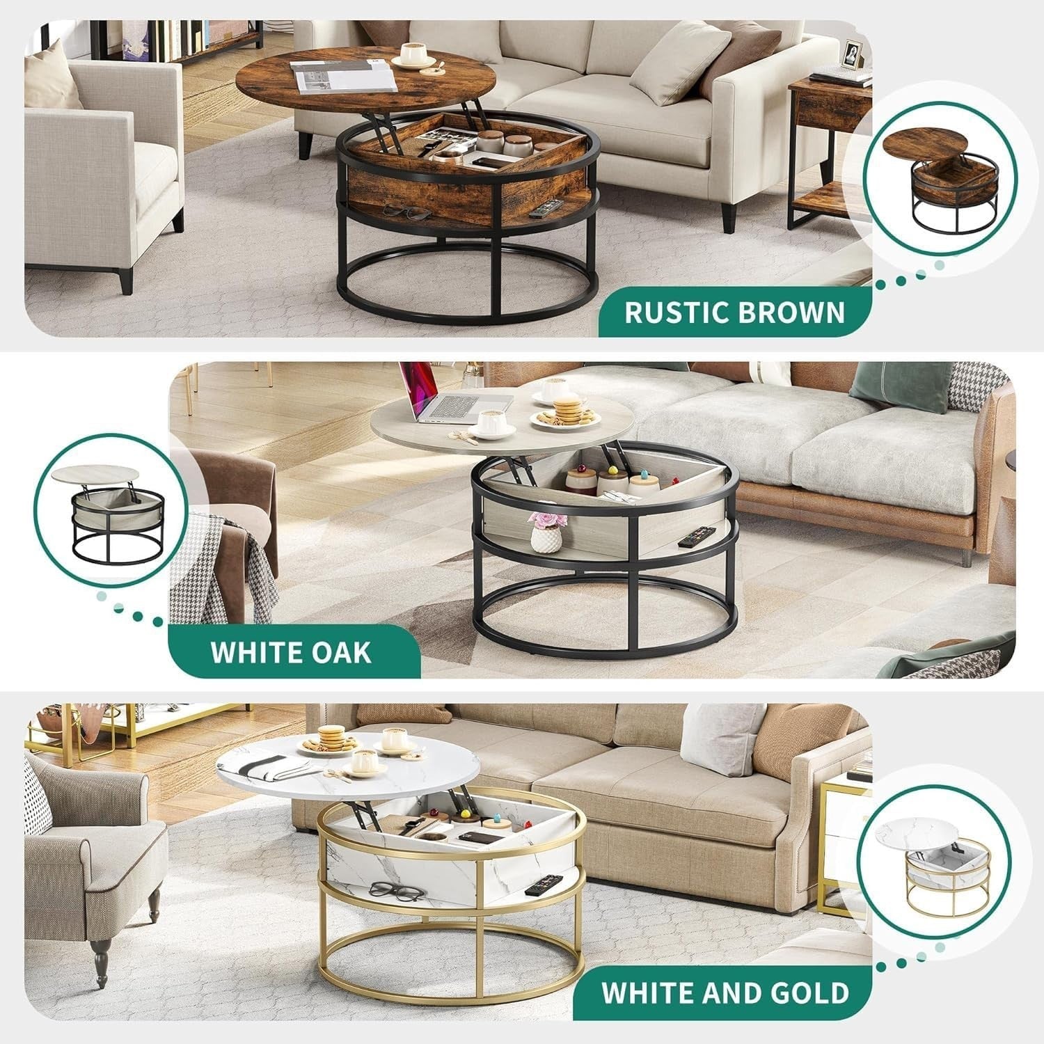 Lift Top Coffee Table Round 80x80x47cm with Hidden Storage Brown Wood