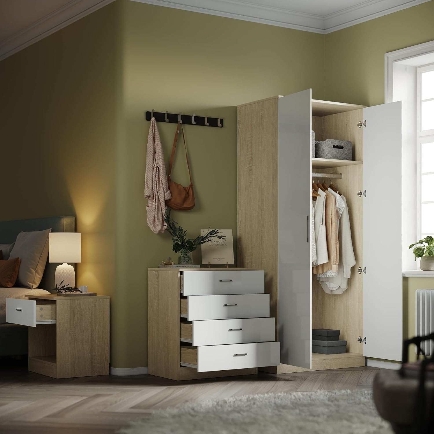 White Oak 2 Door Wardrobe Soft Close Metal Handles Removable Rod Shelves