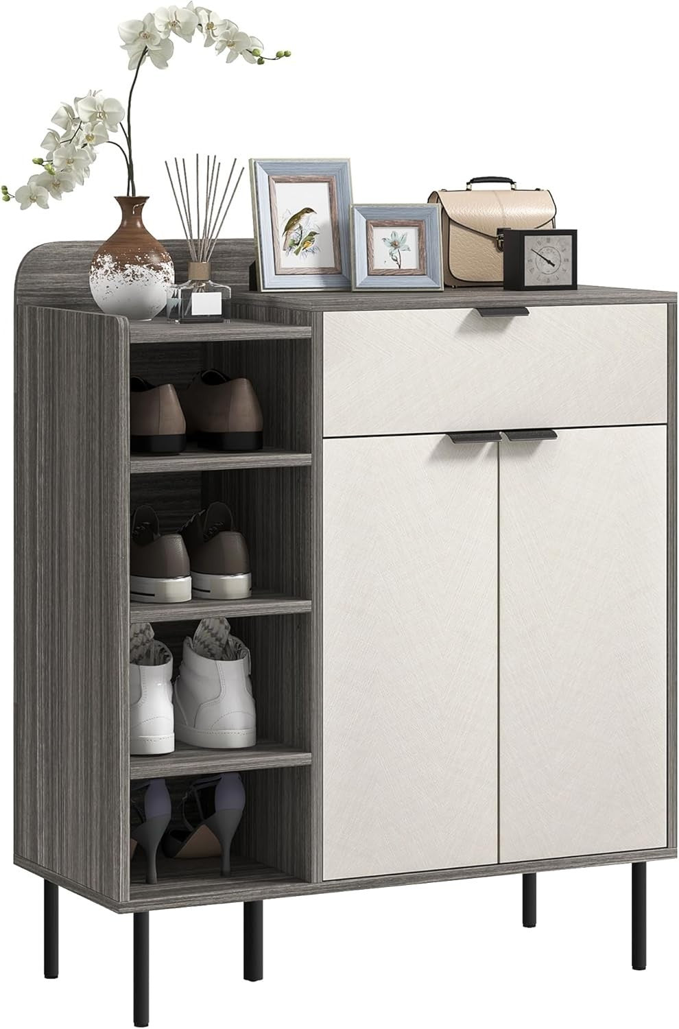 Narrow Shoe Storage Cabinet with 4-Tier Shelves & Sliding Drawer, 96cm