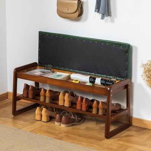 Modern Green Solid Wood Shoe Bench with Cushion & Hidden Storage 2-Tier