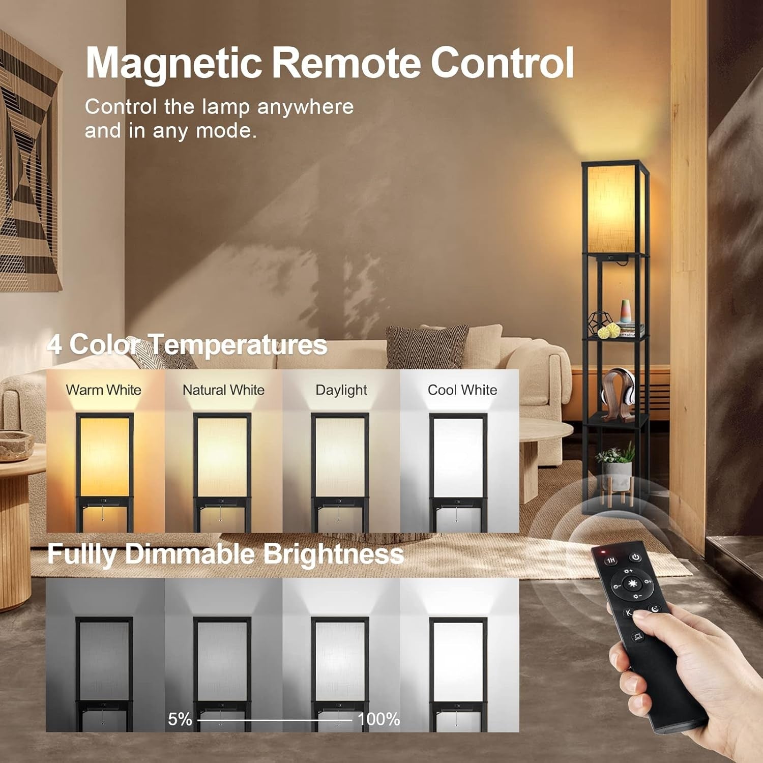 Floor Lamp with Shelves Remote USB LED Dimmable Standing Storage