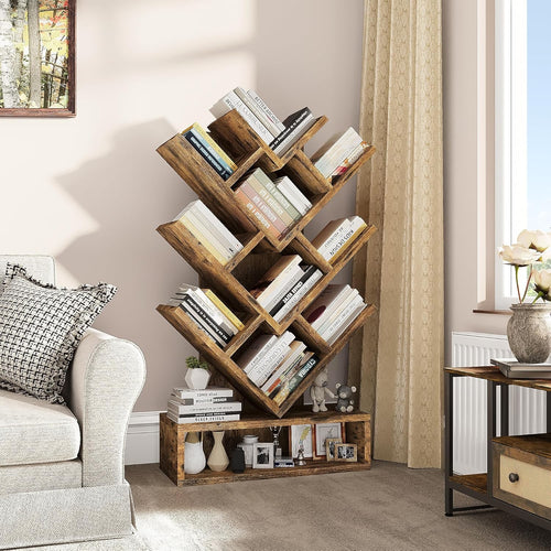 Rustic Brown Tree Bookshelf | 8-Tier Space-Saving Vertical Bookcase for Living
