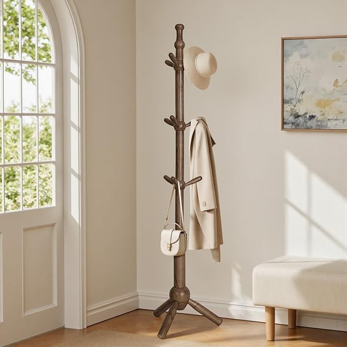 Adjustable Solid Wood Coat Rack 3 Height 9 Hooks Freestanding Hall Stand