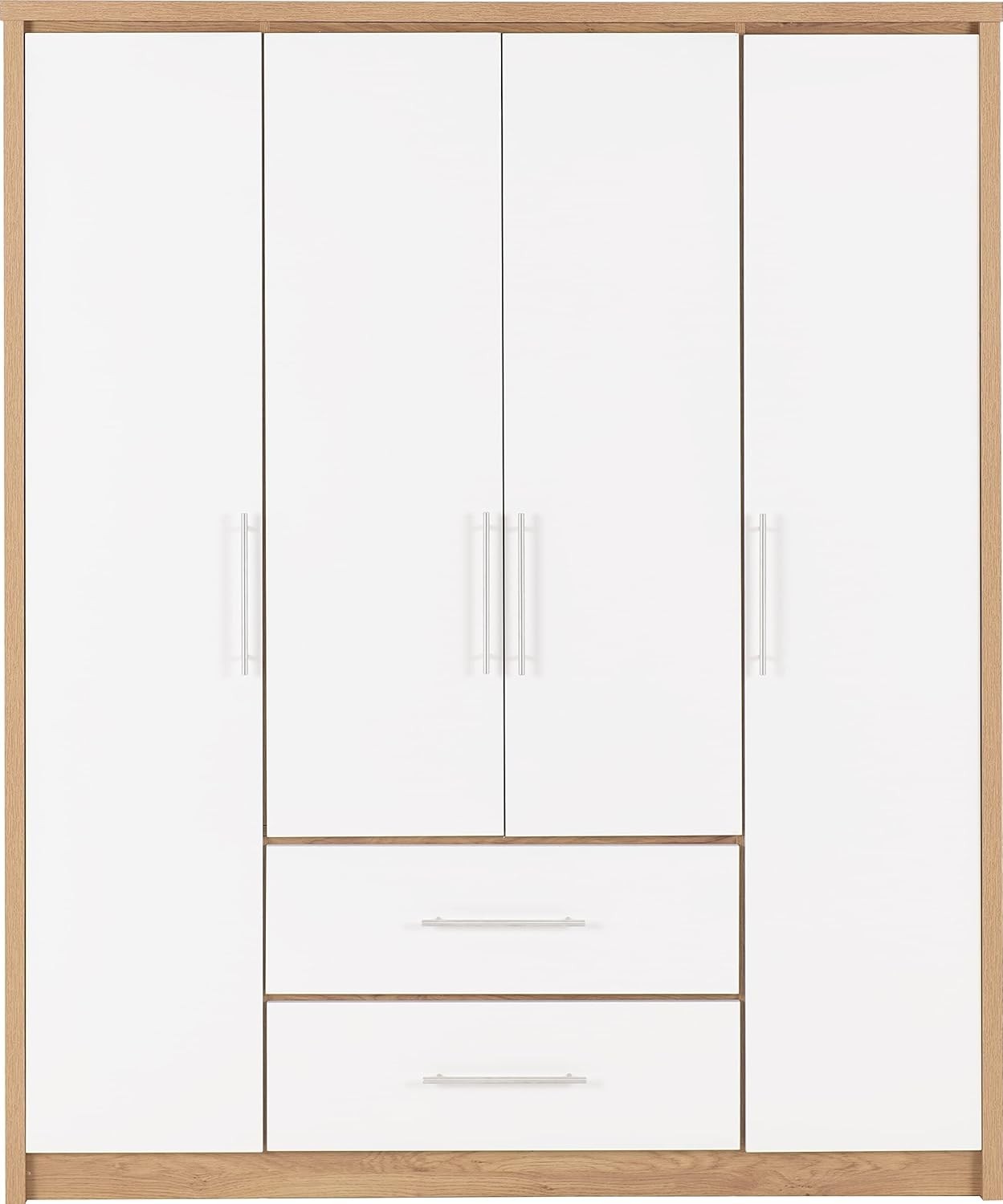 White Gloss 4 Door Wardrobe with 2 Drawers Oak Effect – Spacious & Lockable
