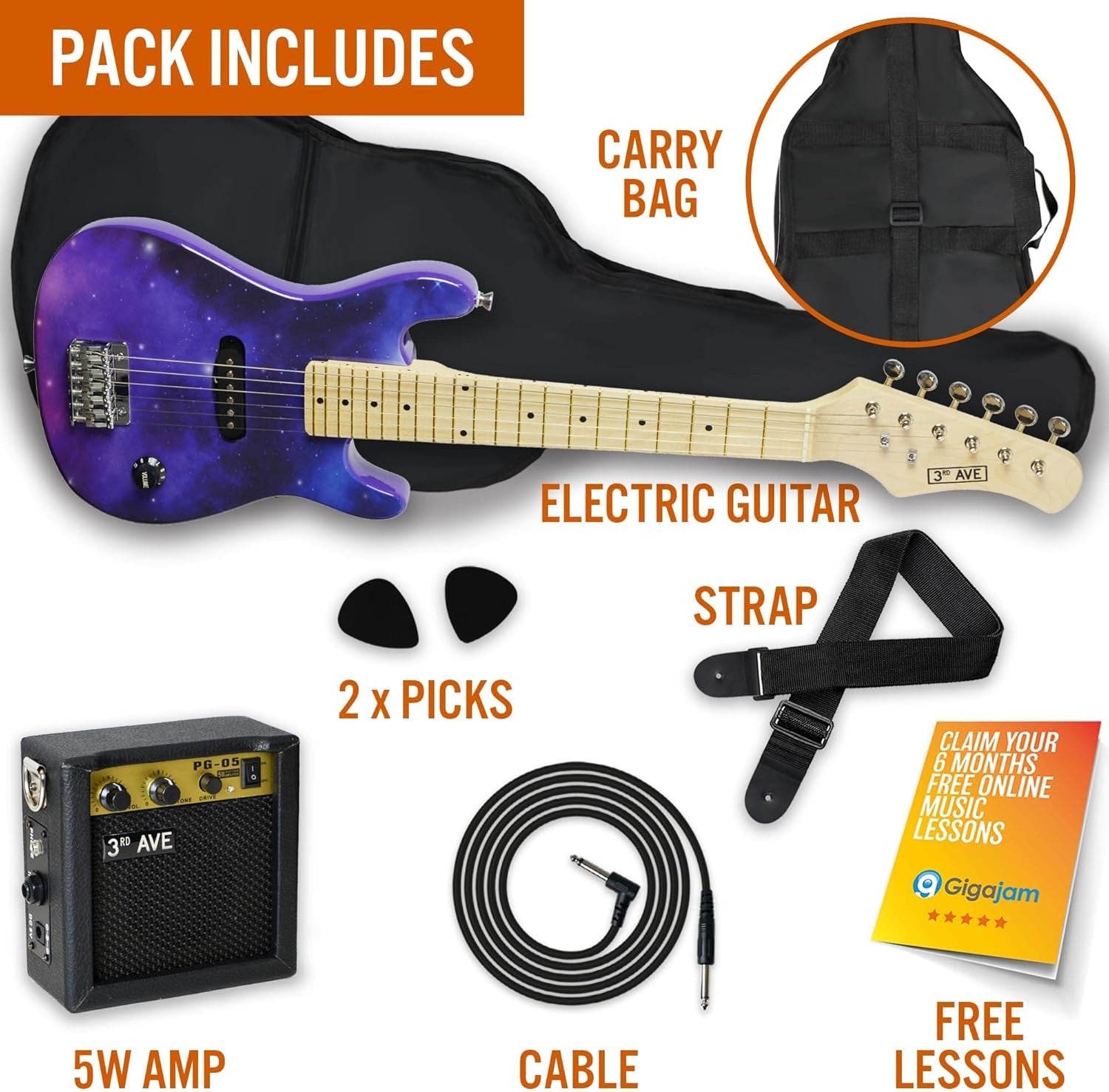 Kids 1/4 Size Electric Guitar Starter Pack Amp Bag Purple Galaxy