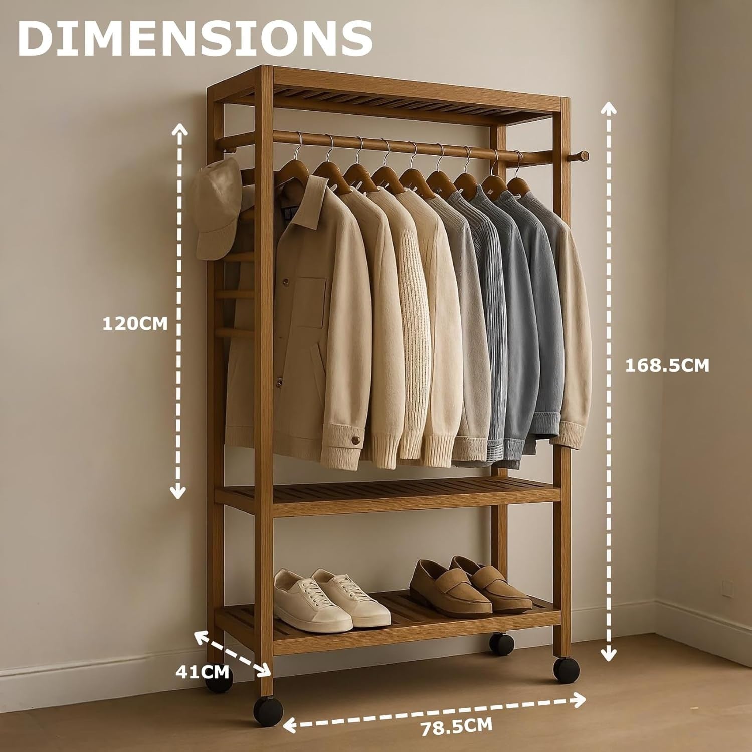 Bamboo Clothes Rack with Wheels & Shelves – Natural