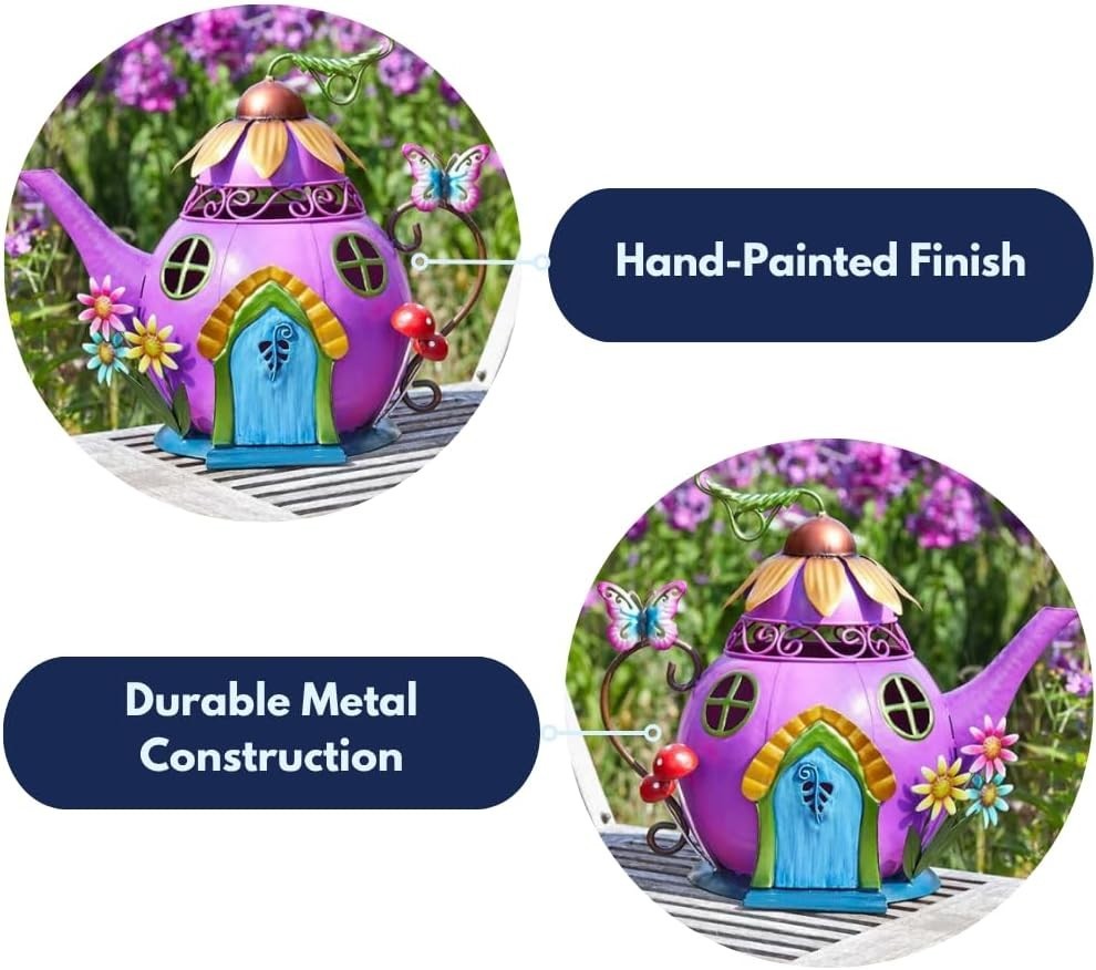 Teapot Fairy House Garden Ornament Metal Hand-Painted Weatherproof 28cm Decor