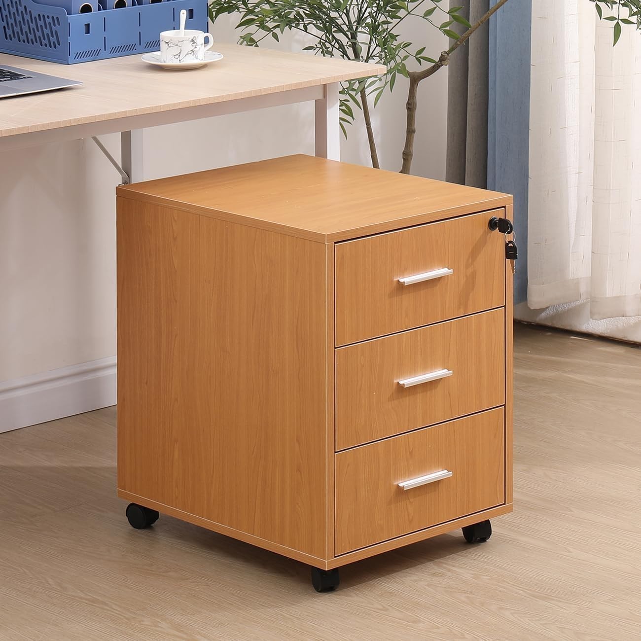 Oak Locking Rolling Desk Pedestal 3 Drawer Under Desk File Cabinet