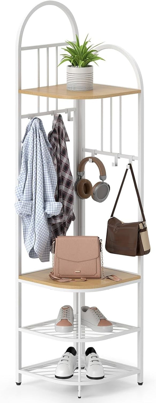 Natural White Corner Coat Rack 4-Tier Hall Tree with Shoe Bench & Hooks
