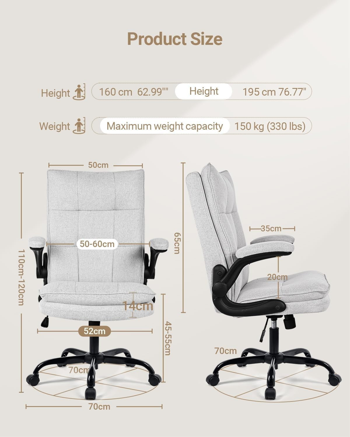 Ergonomic Grey Office Chair w/Flip-Up Arms, Thick 5.5" Cushion, High Back, Tilti