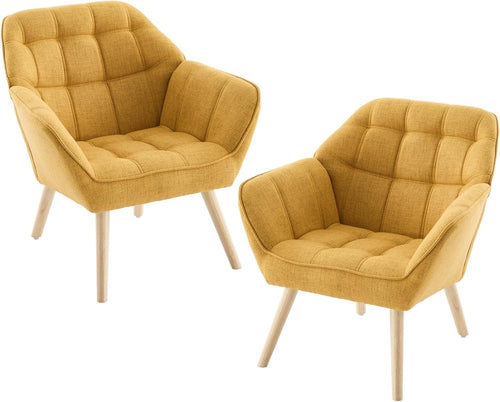 Set of 2 Yellow Linen Accent Armchairs Modern Tub Sofa Chair Wood Legs