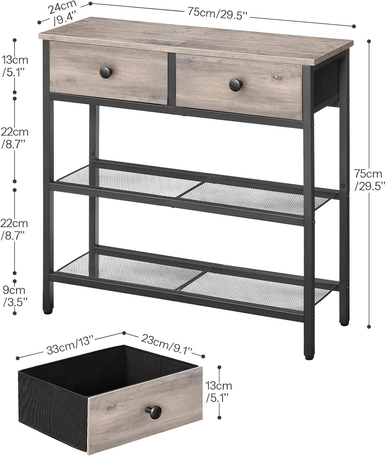 Slim Console Table with 2 Drawers, Storage Shelves, Adjustable Feet, Industrial